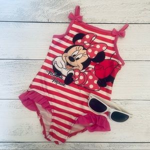 Disney Girls Minnie Mouse Pink and White Stripe One Piece Swimsuit Size 4